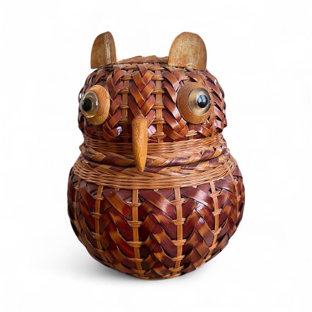 Vintage Wicker Boho Owl Hideaway storage basket 8"
